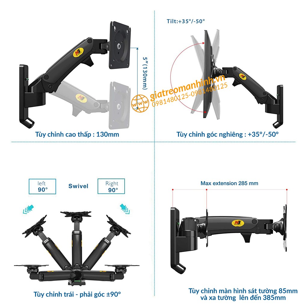 Giá Treo Màn Hình NB-F120 Tương Thích Màn 17 - 27 Inch / Lắp Đặt Treo Tường Tùy Chỉnh Đa Năng - Xoay Màn 360 Độ