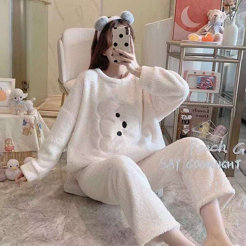 Bộ Đồ Ngủ Tay Dài Chất Nỉ Dày Dặn Phong Cách Hàn Quốc Dễ Thương Thời Trang Thu Đông Cho Nữ