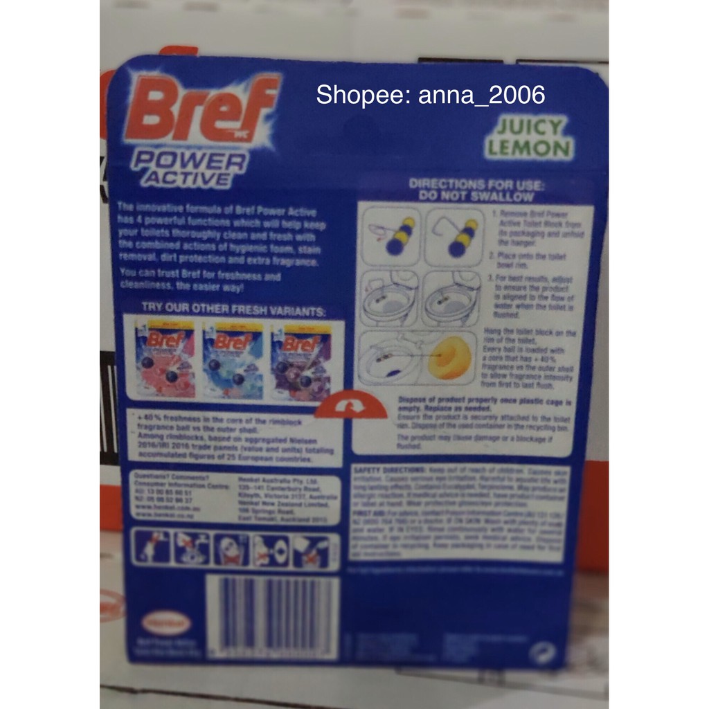 [NK Đức] Viên Khử Mùi Toilet BREF 4IN1 Blue Active Eucalyptus(Hương bạch đàn) & Juicy Lemon(Hương Chanh)-50g.