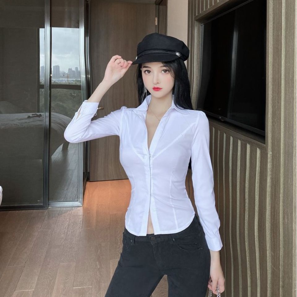 Hàng Mới Về Áo Sơ Mi Đồng Phục Co Giãn Cổ Chữ v Thời Trang Năm 2021 Mới Cho Nữ