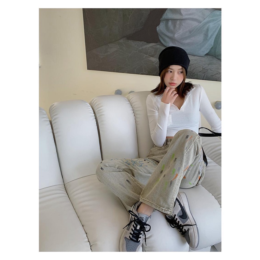 Quần Denim Ống Suông Rộng Họa Tiết Graffiti Đường Phố Mỹ Cá Tính Thời Trang Mùa Hè Cho Nữ
