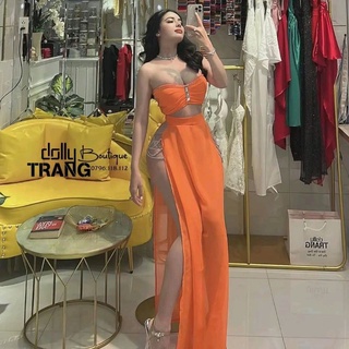 Set váy xẻ đùi áo cúp ngực viền đá