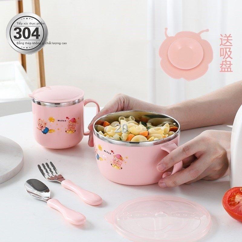 T304 bát trẻ em chống rơi và bỏng bộ ăn cơm dặm cho bé bổ sung cốc thìa nĩa đồ