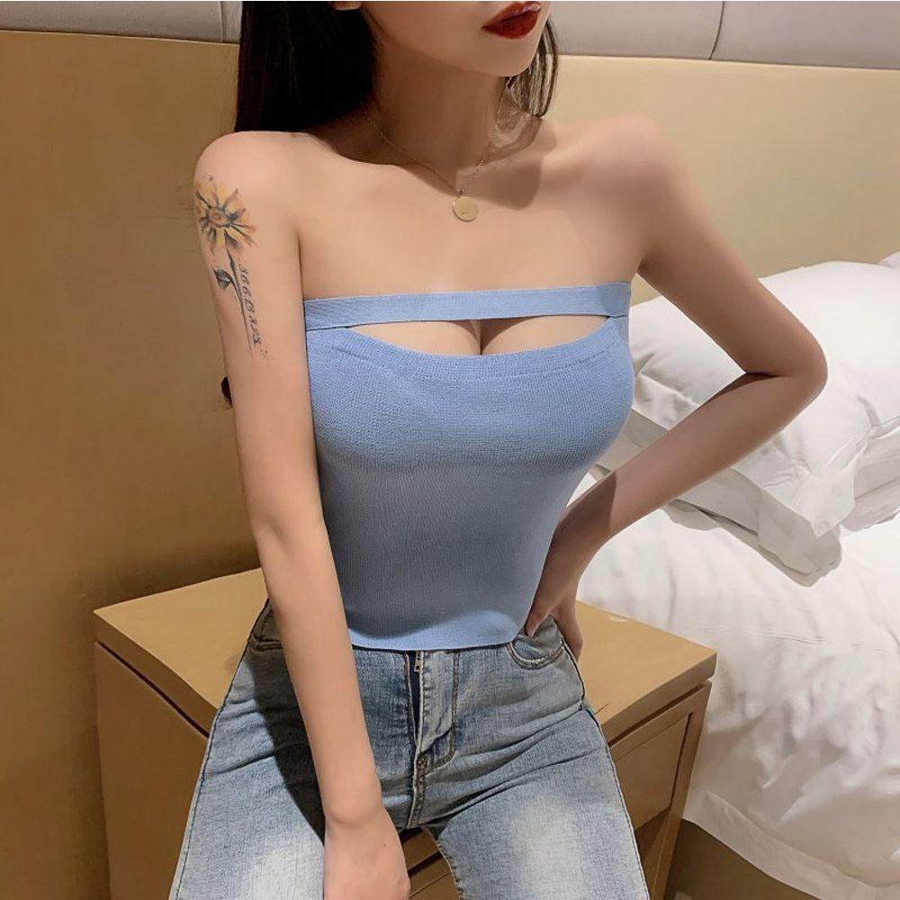 OCEANMAP Áo Không Tay Không Dây Co Giãn Màu Trơn Quyến Rũ Dành Cho Nữ