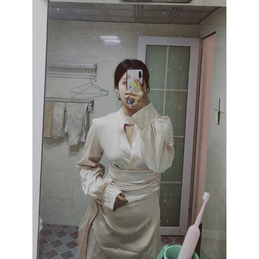 [Sẵn Hàng]♥️Đầm,Váy Lụa Xẻ Ngực Nhún Eo Ulzzang(ảnh thật)Size S,M,L | BigBuy360 - bigbuy360.vn