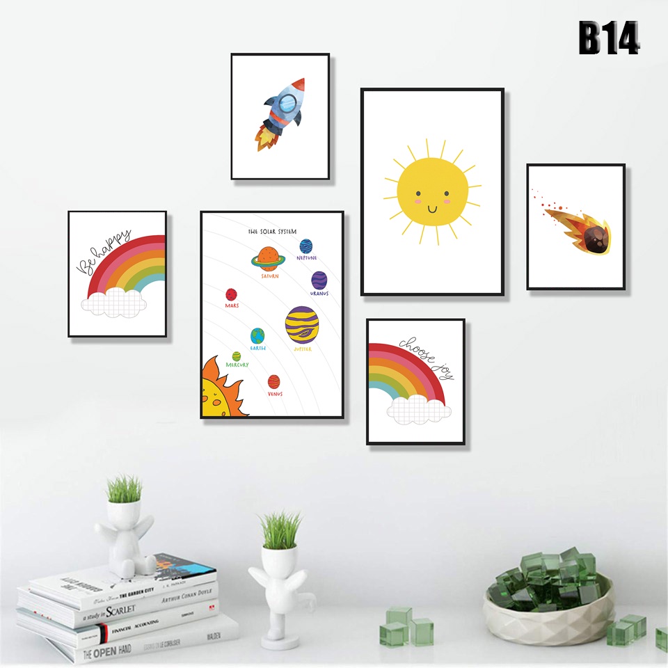 Bộ 6 bức tranh treo tường có khung gỗ ,tranh decor đa dạng