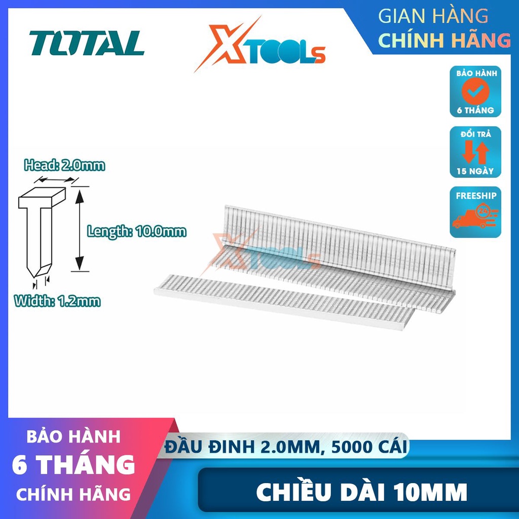 Đinh bấm thẳng 10mm TOTAL THT39105, số lượng 5000 cái/hộp,đầu đinh 2.0mm, chiều rộng 1,2mm thích hợp -CHÍNH HÃNG-XTOOLS