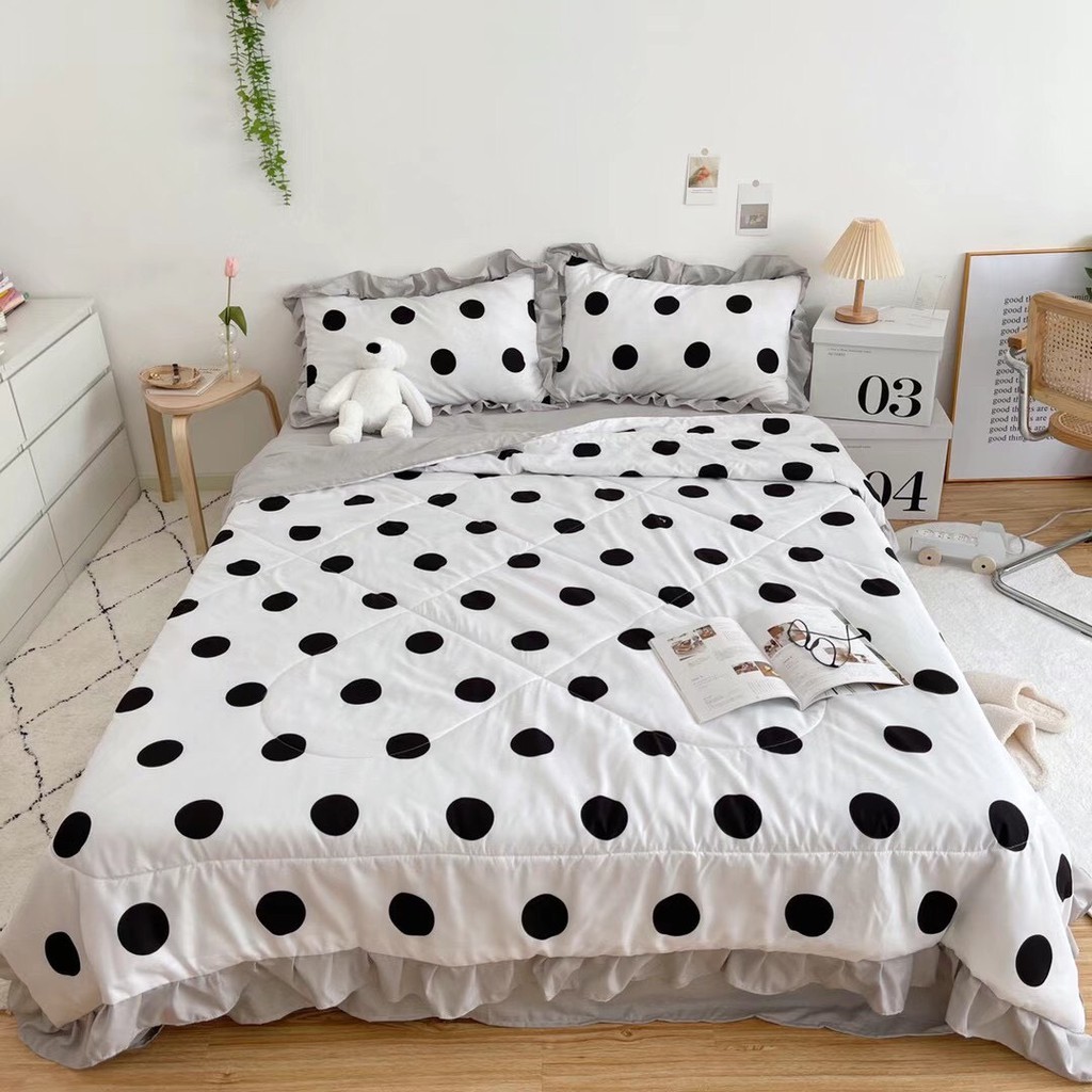 Bộ chăn ga gối Cotton đũi phối bèo M2T bedding chăn ga Hàn Quốc họa tiết chấm bi đen - chăn lót bông