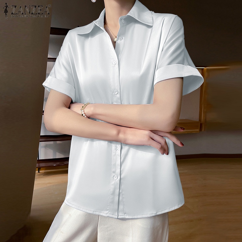 ZANZEA Áo Sơ Mi Vải Satin Tay Ngắn Cổ Bẻ Thời Trang Cho Nữ