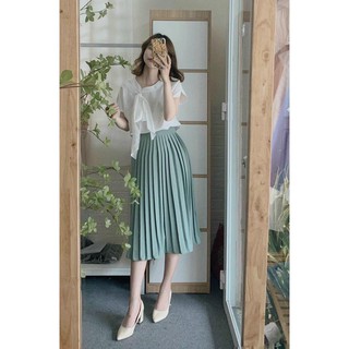 SET ÁO VOAN TRẮNG NƠ CỔ + CHÂN VÁY XANH XẾP LY