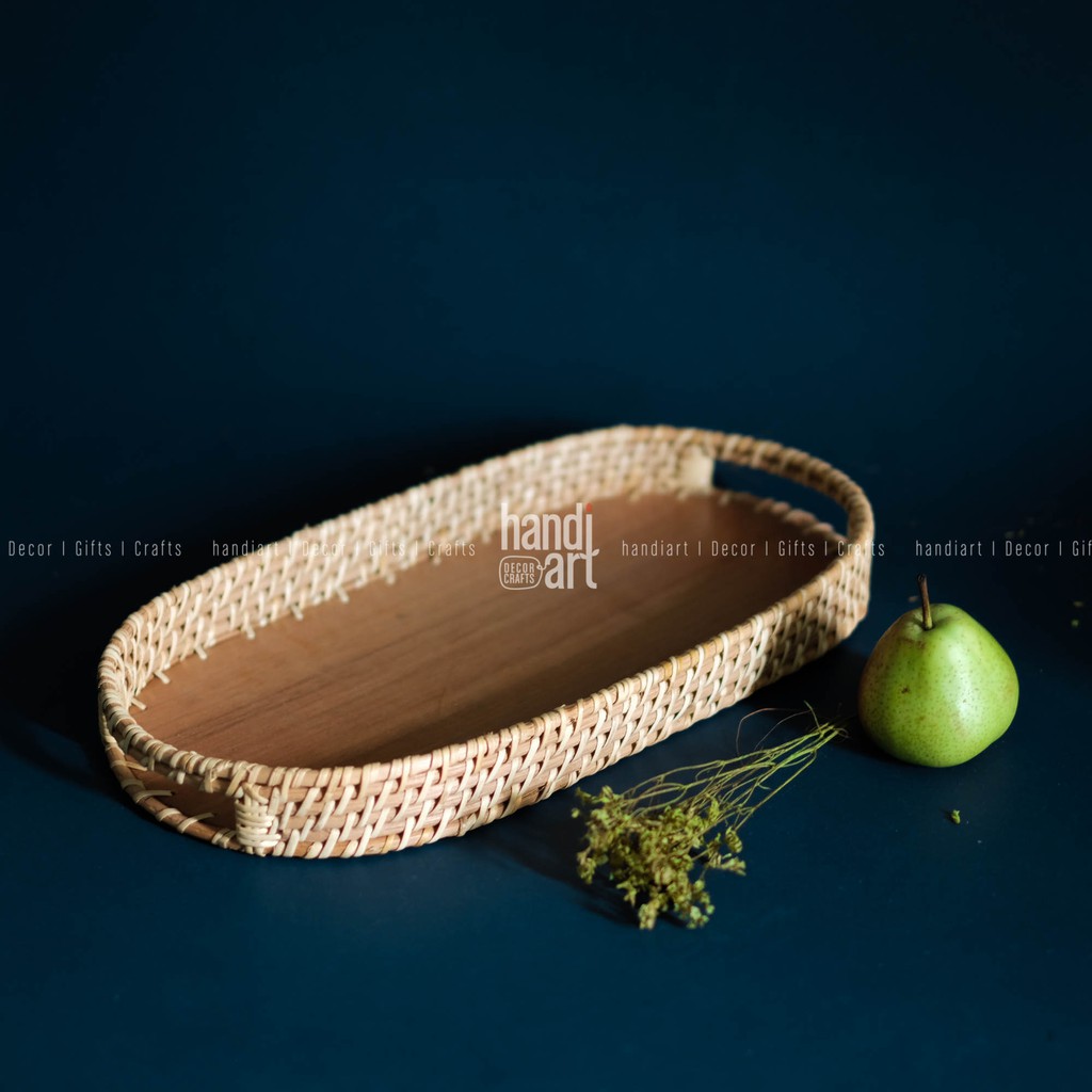 Khay mây oval  - Khay oval đế gỗ - Oval rattan tray