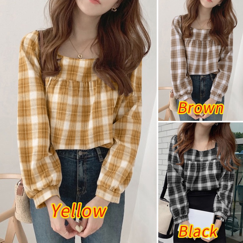 Áo kiểu nữ Zanzea cổ vuông tay dài họa tiết kẻ ô thanh lịch thời trang