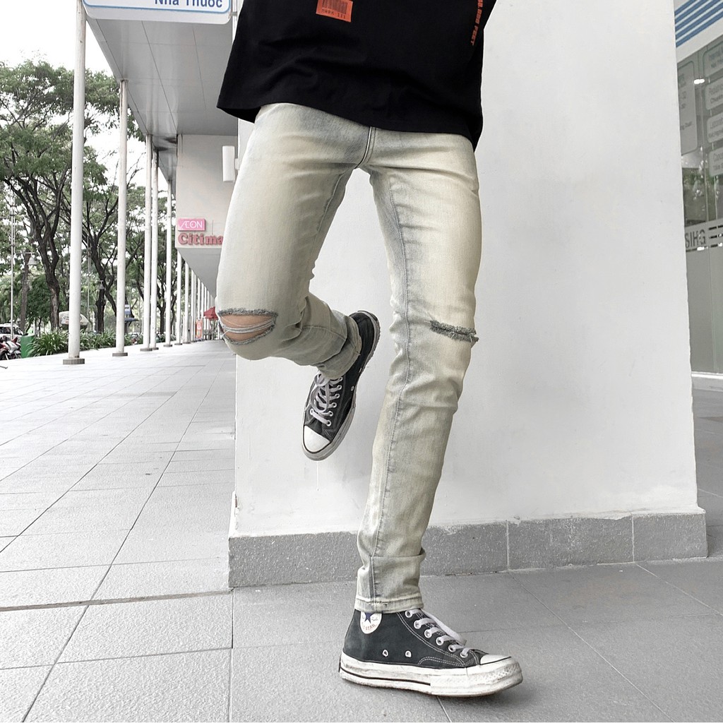 Quần Jean Skinny Xanh Rách Ngang Gối