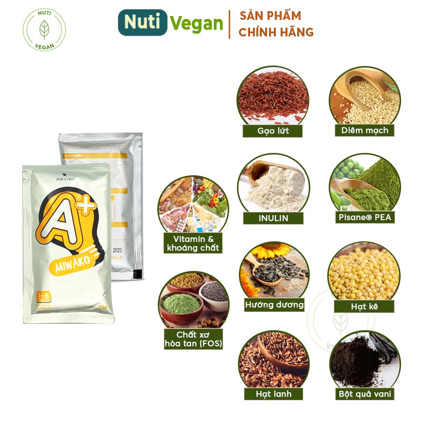 Sữa Công Thức Hạt Thực Vật Hữu Cơ Miwako A+ Vani, Miwako Gạo, Miwakoko Cacao Gói Dùng Thử 30g - Nutivegan