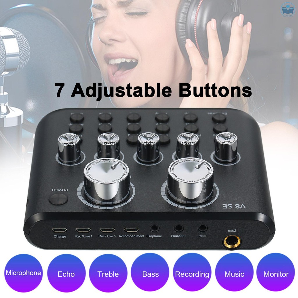 V8SE External Live Sound Card Mini Sound Mixer Board for Live Streaming Music Recording Karaoke Singing with 12 Sound Effects BT Connection for Smartp