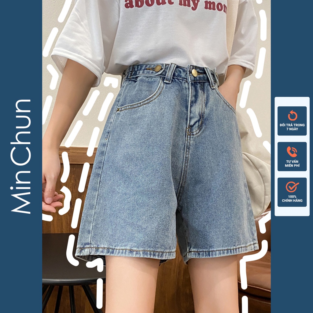 Quần đùi ngố nữ jean lưng cao ống rộng mặc ở nhà đơn giản đẹp có nút MINCHUN JN02