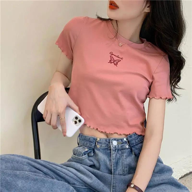 Áo Thun Croptop Ngắn Tay Cổ Tròn Thêu Họa Tiết Bướm Dễ Thương Thời Trang Mùa Hè Cho Nữ