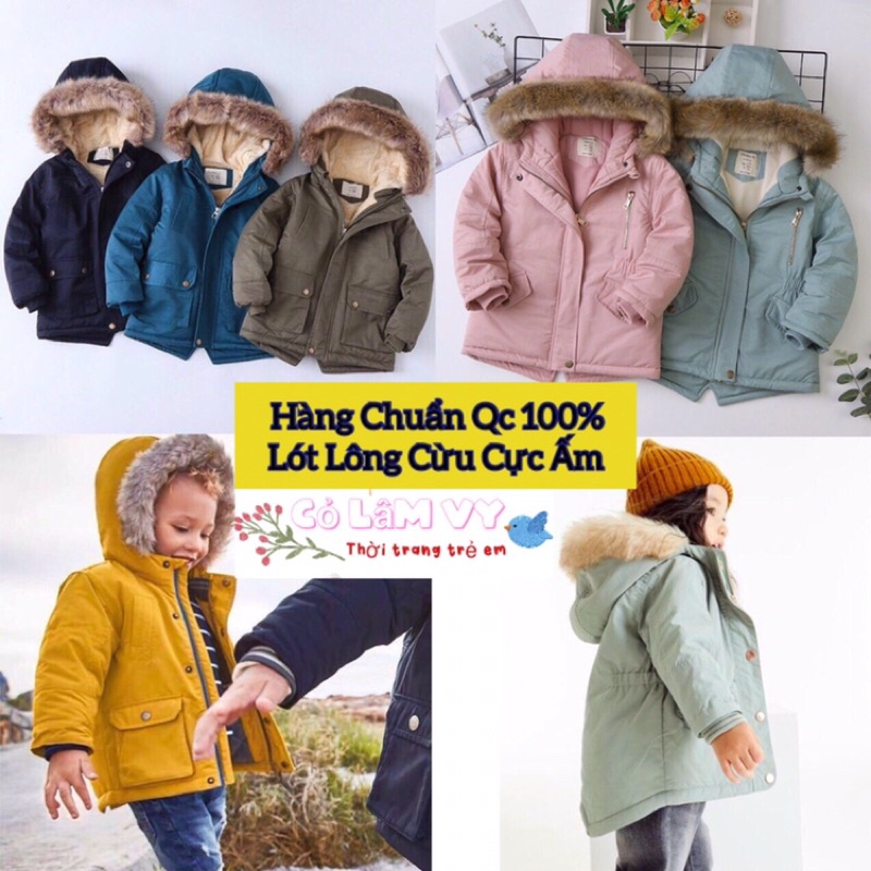 Áo parka lót lông chuẩn Quảng Châu có mũ lông cho bé trai bé gái, áo khoác mùa đông lót lông cừu cực ấm