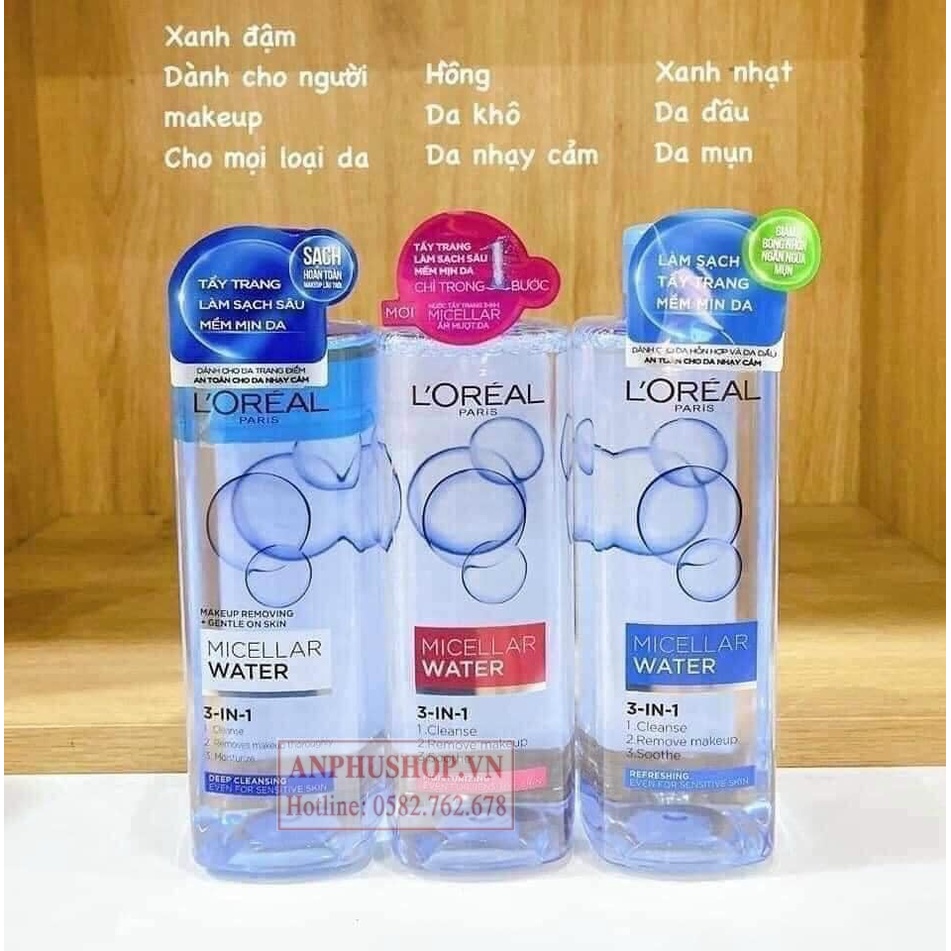 Tẩy trang L'Oreal Paris Micellar Water 3 in 1 Refreshing, Nước tẩy trang Loreal 400ml (Hàng chính hãng)