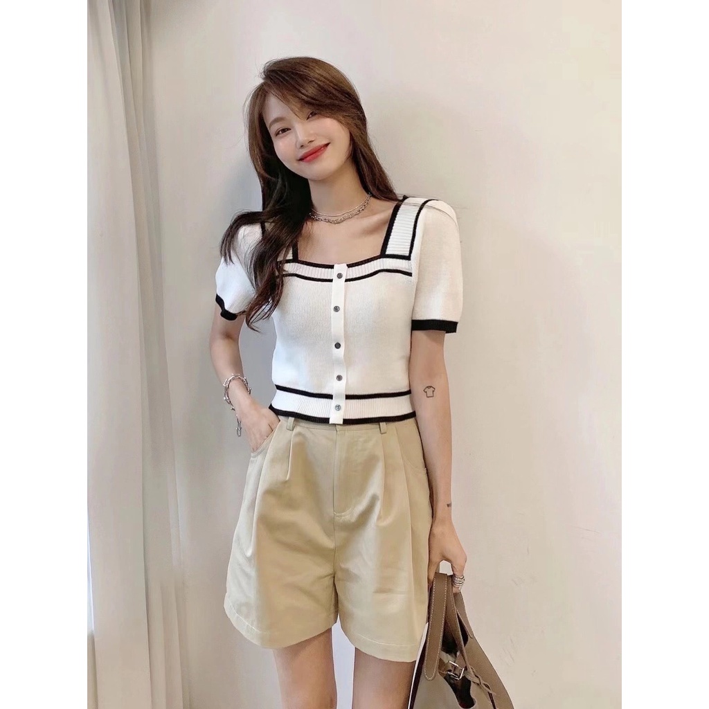 Áo Len Nữ Cổ Vuông, Áo Crotop Nữ Chất Len Phối Quần Chân Váy Siêu Xinh