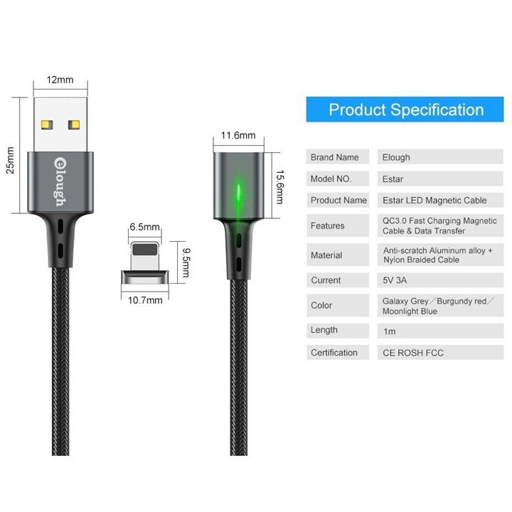 Cáp Sạc, Truyền Dữ Liệu Hít Nam Châm Elough Estar Kèm 2 Đầu Lightning Iphone IOS Hỗ Trợ Sạc Nhanh QC 3.0 Chính Hãng