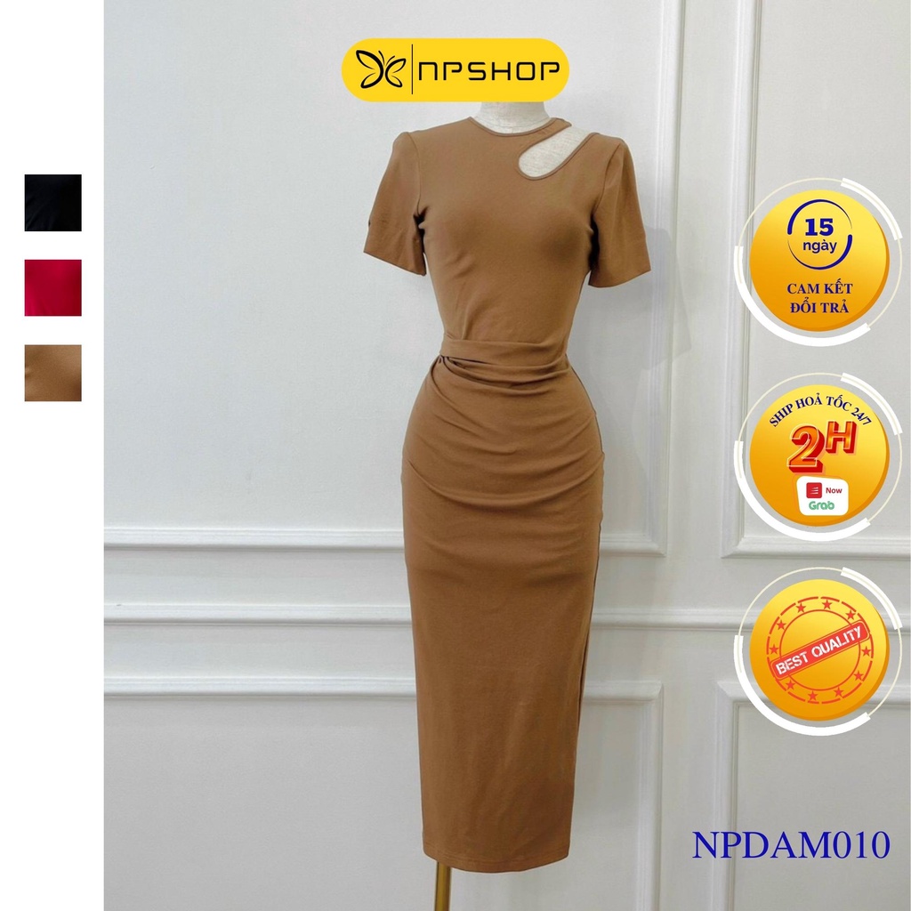 Đầm midi body nữ tay ngắn khoét vai, váy thun ôm dài qua gối NPDAM010