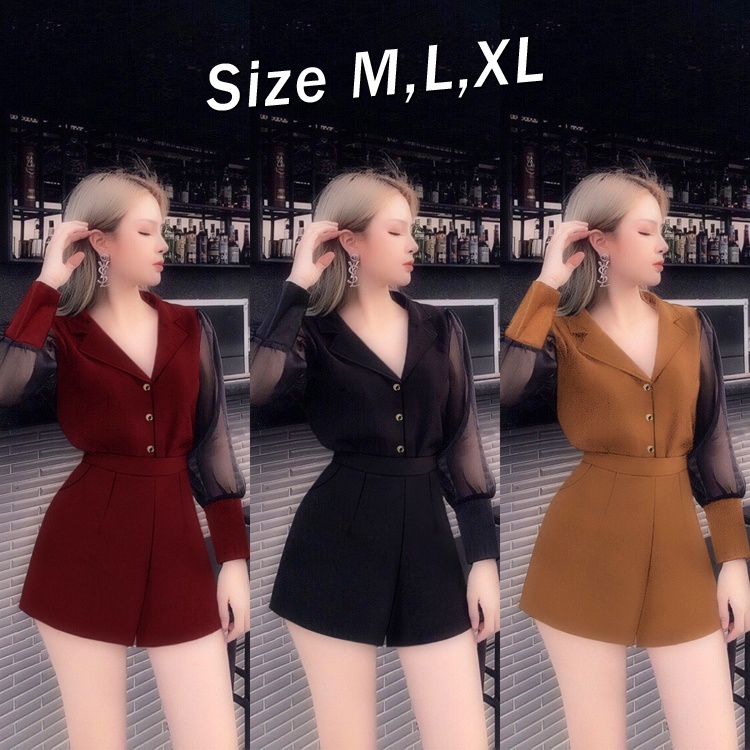 Jum short tay dài phối lưới cổ vest đính nút xinh xắn - JUM1165