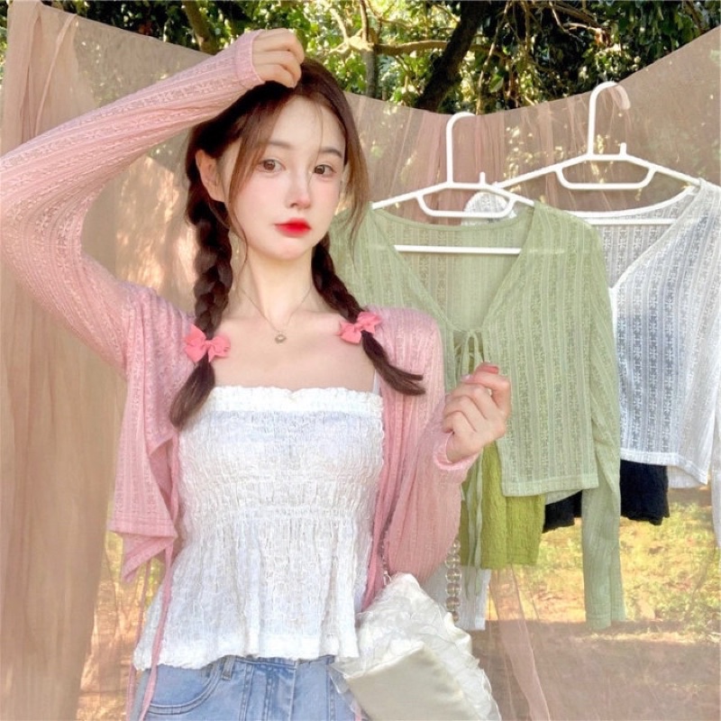 Áo Khoác Cardigan Ren Hoa Sọc Nơ Buộc Cực Xinh
