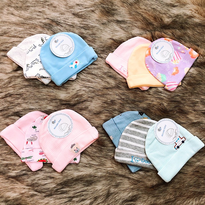 Set 3 nón sơ sinh cho bé trai và bé gái từ 0-6 tháng tuổi chất thun cotton dày đẹp giữ ấm cho bé Baby-S – SSS004