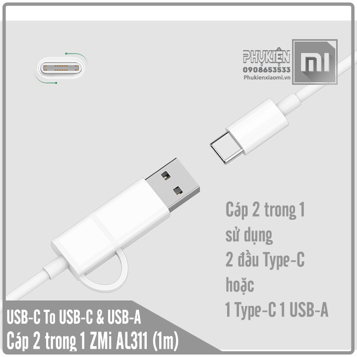 Cáp ZMI 2 trong 1, Type-C to Type-C &amp; USB-A , AL311 (1met)