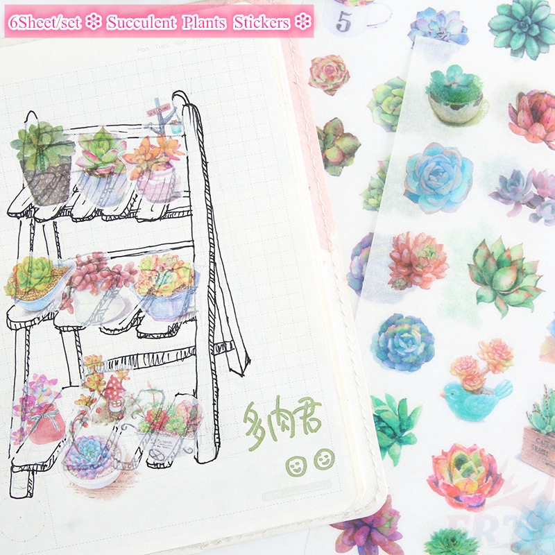 Bộ 6 tấm miếng dán trang trí DIY họa tiết cây mọng nước dành cho sổ lưu niệm/ nhật ký/ tường nhà