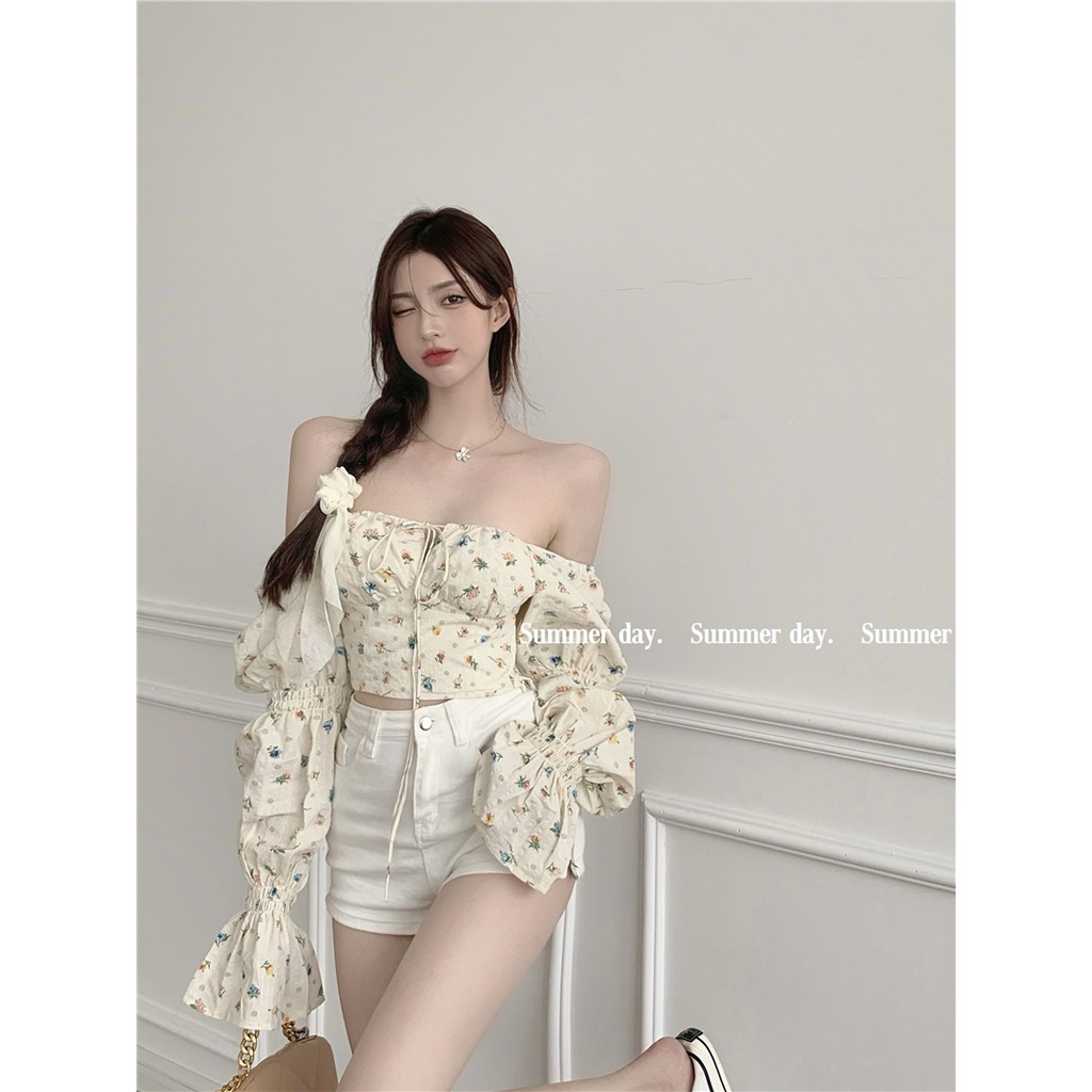 Cocory vn Áo Ngắn Với Tay Dài Hoạ Tiết Hoa Phong Cách Hàn Quốc dễ thương cho nữ