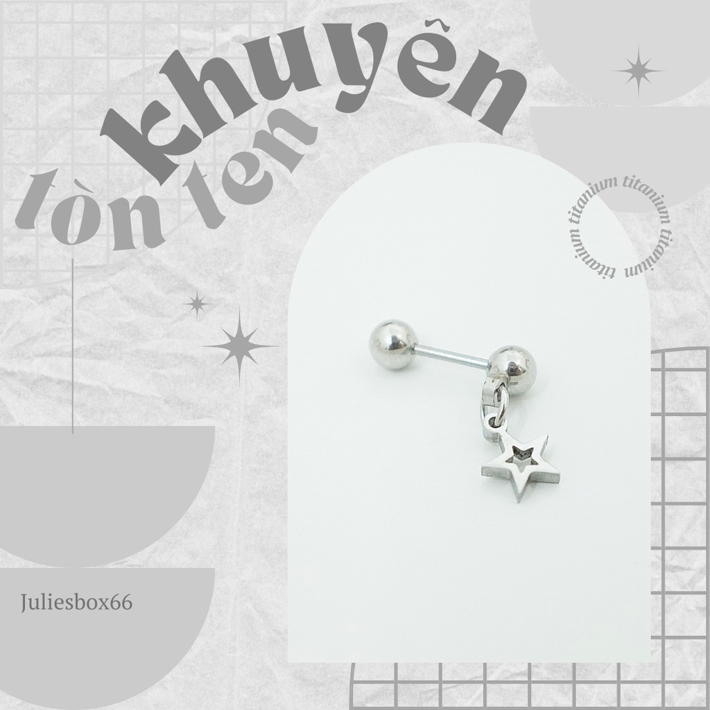 [1 Chiếc] Khuyên Tai Titan Unisex Có Charm Ngôi Sao Rỗng Màu Bạc Đuôi Bi Không Gỉ Sét Không Ngứa Bông Tai Julies Box 66