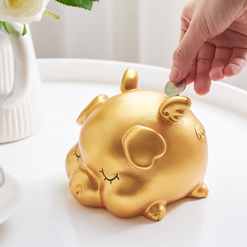 Heo đất tiết kiệm tiền cho bé , lợn đất thiên thần siêu đẹp , ống heo thạch cao vàng gold sang chảnh