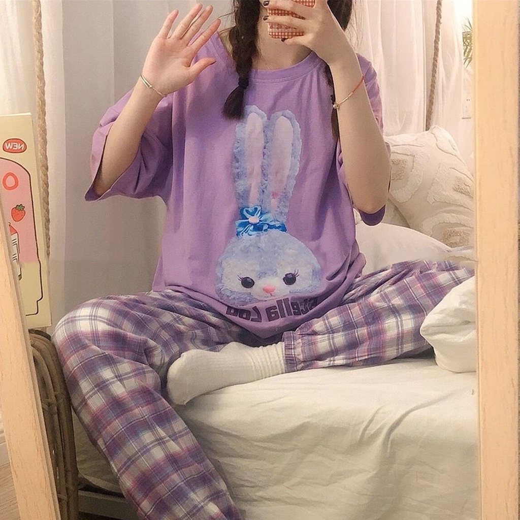 Bộ đồ ngủ tay ngắn cổ tròn kẻ caro phong cách Hàn Quốc thoải mái cho nữ | BigBuy360 - bigbuy360.vn