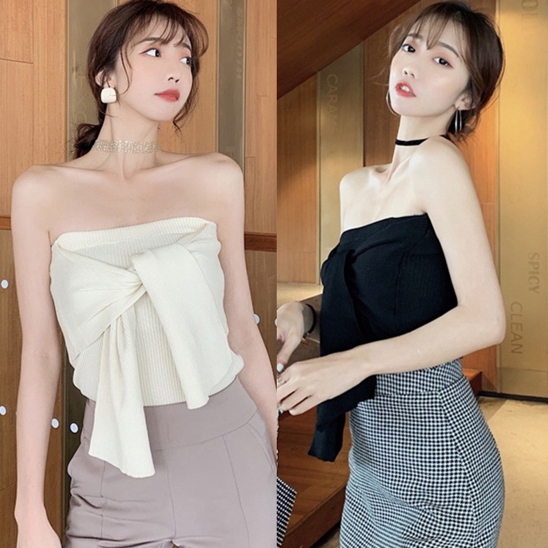 [Baywellfashion]Áo ống dệt kim phối dây đan chéo thiết kế màu trơn thanh lịch | BigBuy360 - bigbuy360.vn