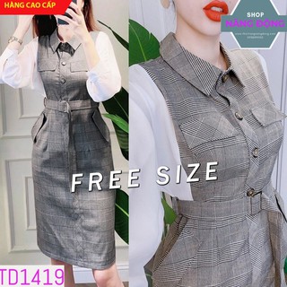 Đầm Đẹp 🎁FREESHIP🎁Giảm 45k Khi Mua Đơn Từ 500k - Đầm bố caro phối tay sơ mi kèm belt xinh xắn TD1419