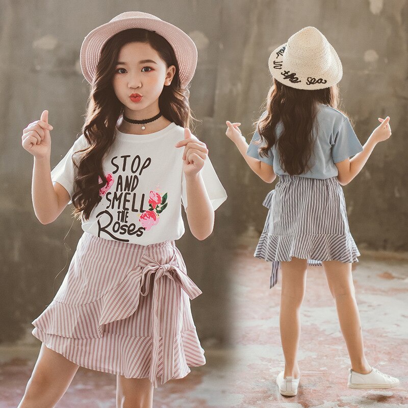 Bộ Áo Thun In Hoa + Chân Váy Cotton Thời Trang Hè 2022 Mới Cho Bé Gái 4-12 Tuổi