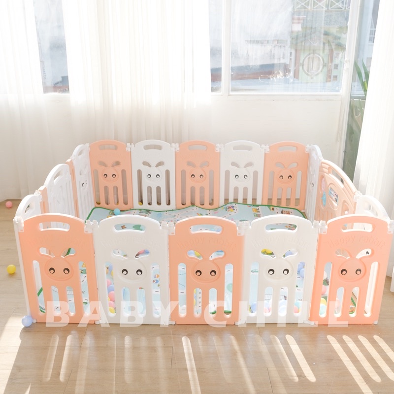 [Tặng Thảm Và 100 Banh] Quây Cũi Nhựa Gấp Gọn Hoạ Tiết Chú Thỏ, Nhựa Nguyên Sinh An Toàn, Màu Cam Trắng