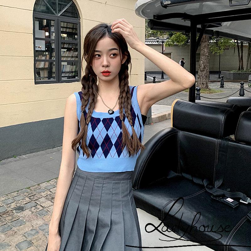 Áo Dệt Kim Không Tay Cổ Chữ U In Họa Tiết Kim Cương Hợp Thời Trang Cho Nữ