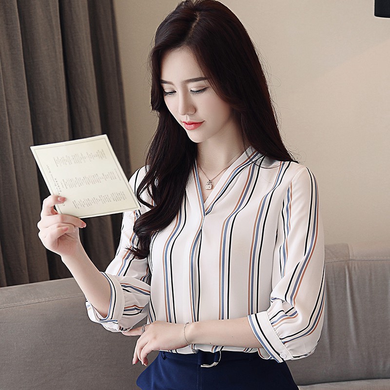 Áo sơ mi tay lỡ chất Chiffon hoạ tiết kẻ sọc thời trang công sở