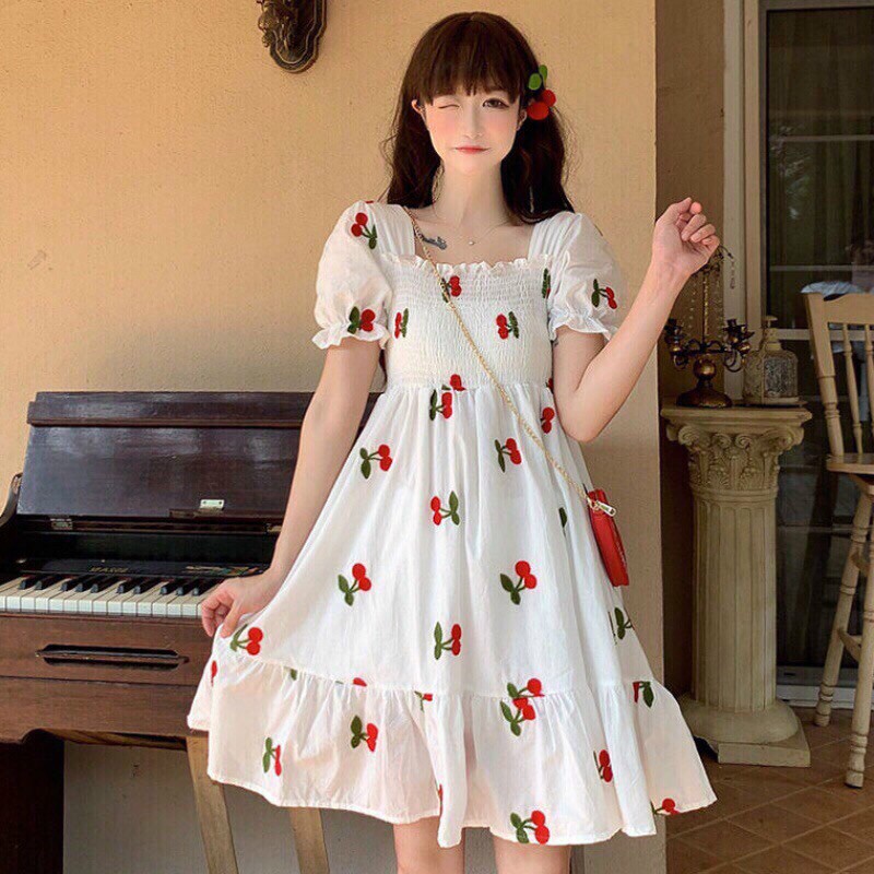 Đầm Tiểu Thư Nhún Thun hoạ tiết cherry Siêu Kute
