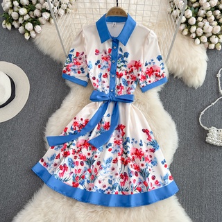 #1252 [Order] Đầm tay ngắn cổ sơ mi viền xanh nền trắng họa tiết hoa có size