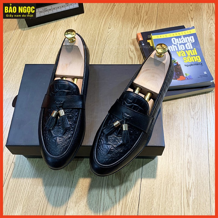Giày Lười Nam - Giày Da Nam Công Sở Dập Vân Cá Sấu - Da Bò Nguyên Tấm Băng Chuông - Màu Đen - Mã K666