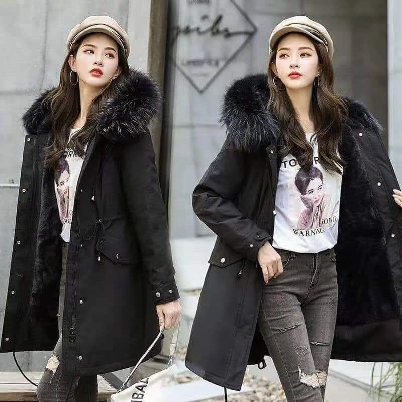 Áo khoác parka rút eo mũ lông dáng dài lót lông QCCC (loại 1)