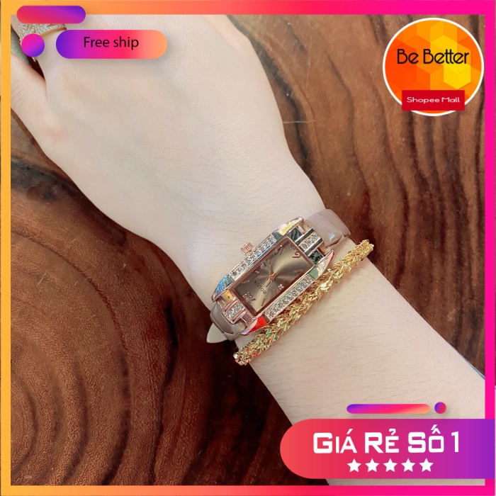 Đồng hồ  Nữ ❤️Bolun❤️ dây da mặt vuông đính hạt sang trọng rẻ nhất HCM