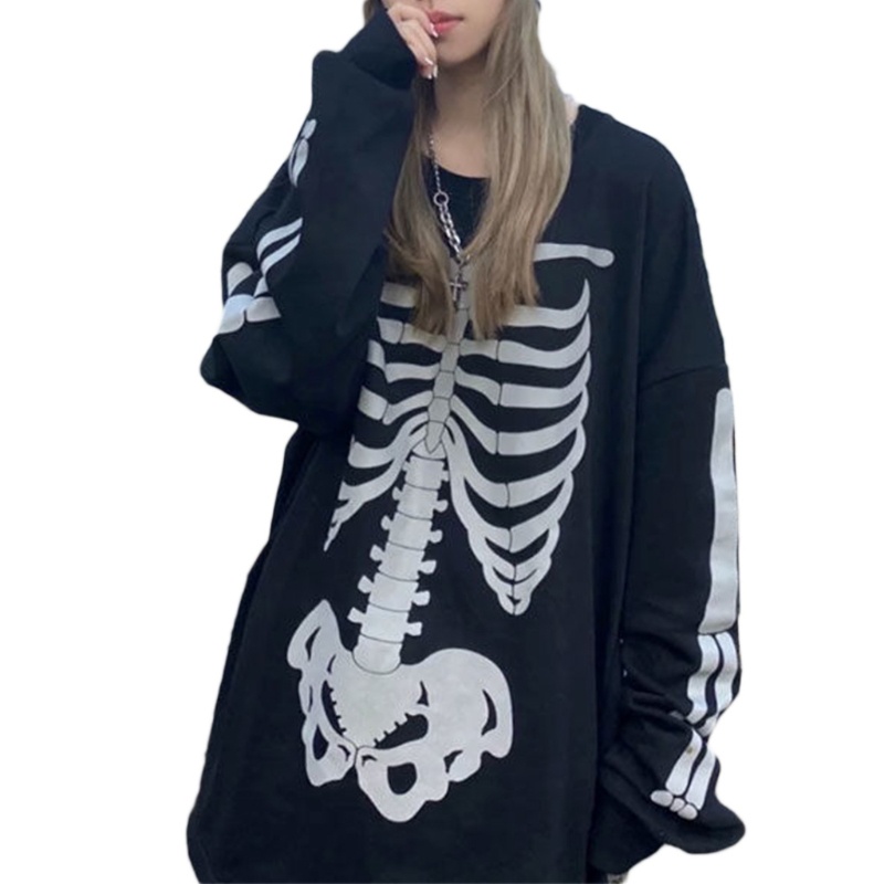 Áo Sweatshirt Tay Dài Oversize In Hình Xương Ngực Phong Cách Punk Cho Nữ