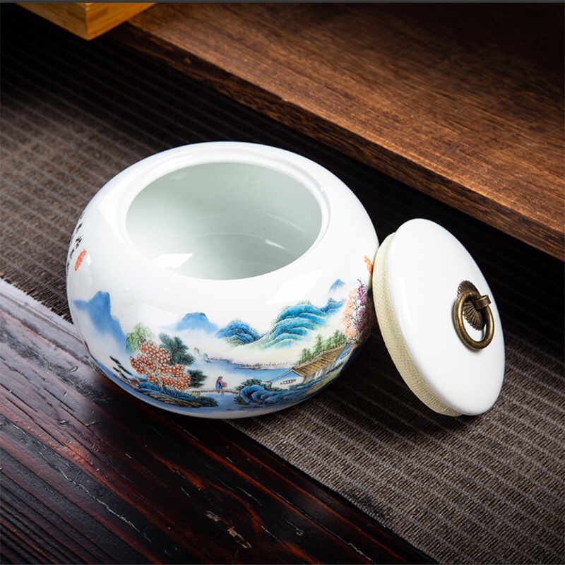 HŨ ĐỰNG TRÀ Gốm Sứ Họa Tiết Thanh Lịch Độc Đáo Dung Tích 800 Ml - Có Quai Cầm Mở Nắp