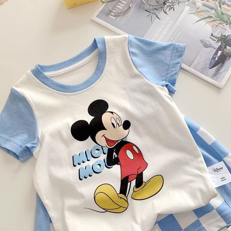 Set Áo Thun Ngắn Tay In Hoạt Hình Và Quần Short Kẻ Sọc Phong Cách Hàn Quốc Cho Bé Trai