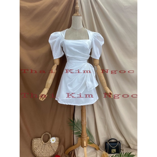 Đầm dự tiệc cổ vuông tay phồng phi xếp li đắp tà | BigBuy360 - bigbuy360.vn